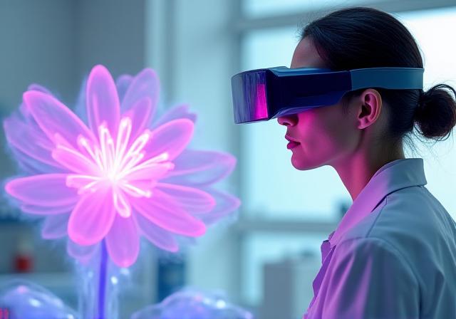 Researcher using AR glasses to study digital floral structures